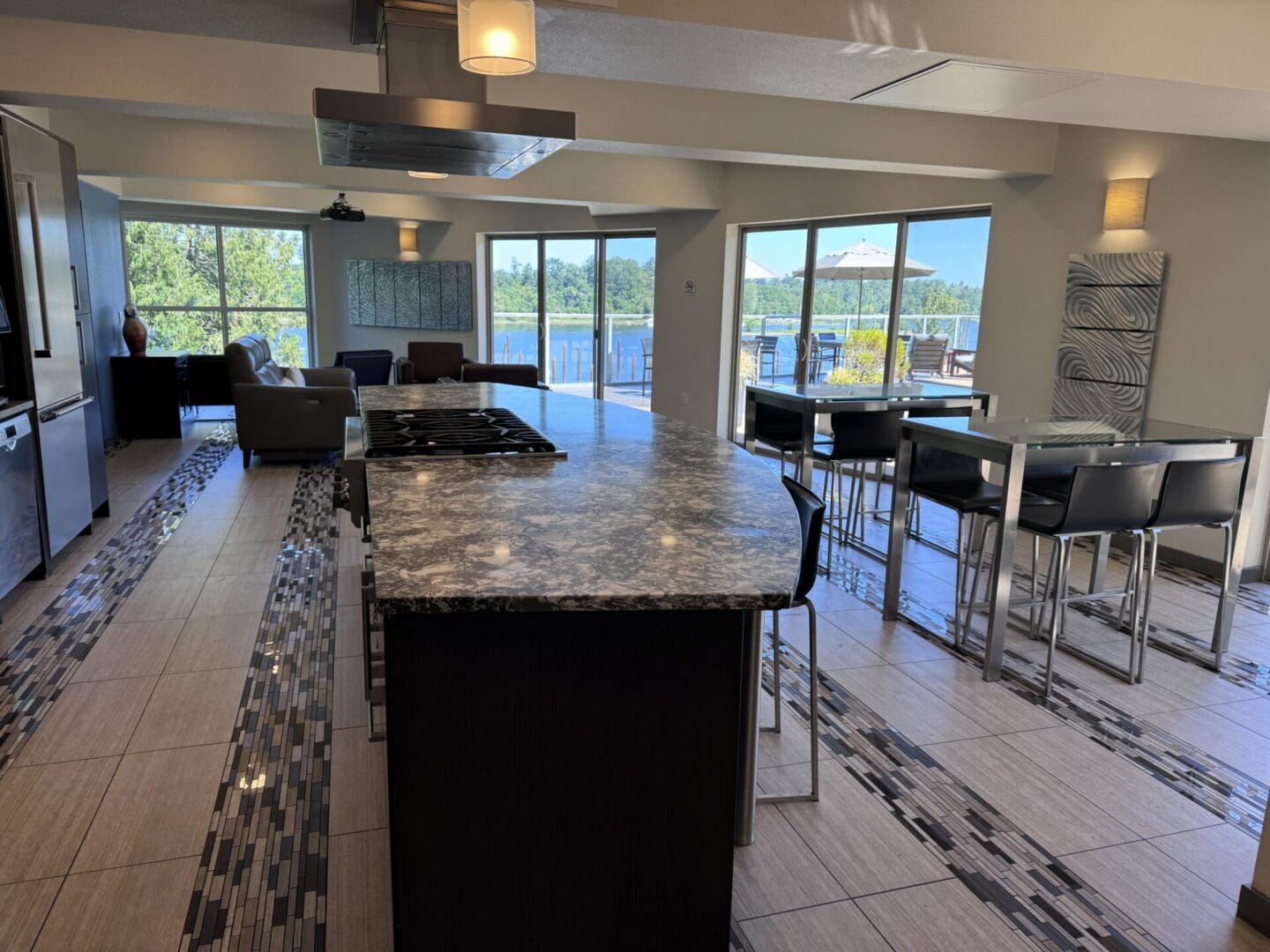 Modern kitchen with island and lake view